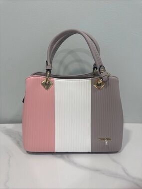 Tricolor Structured Satchel Handbag - Pink, White & Taupe